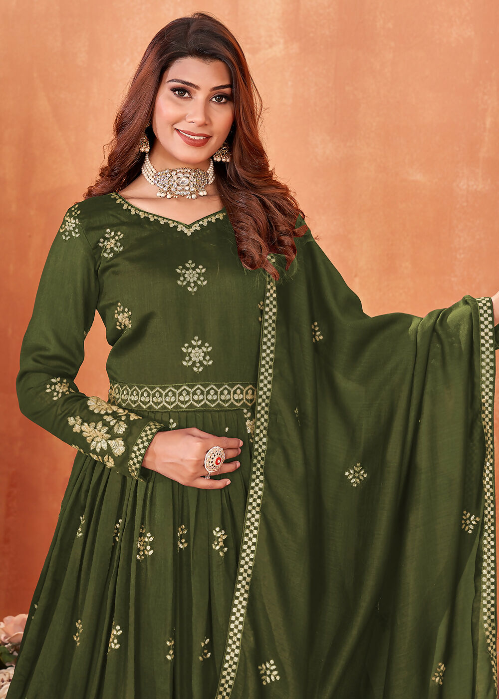 Mehndi Green Festive Embroidered Art Silk Anarkali Suit - Emponline - Distacart