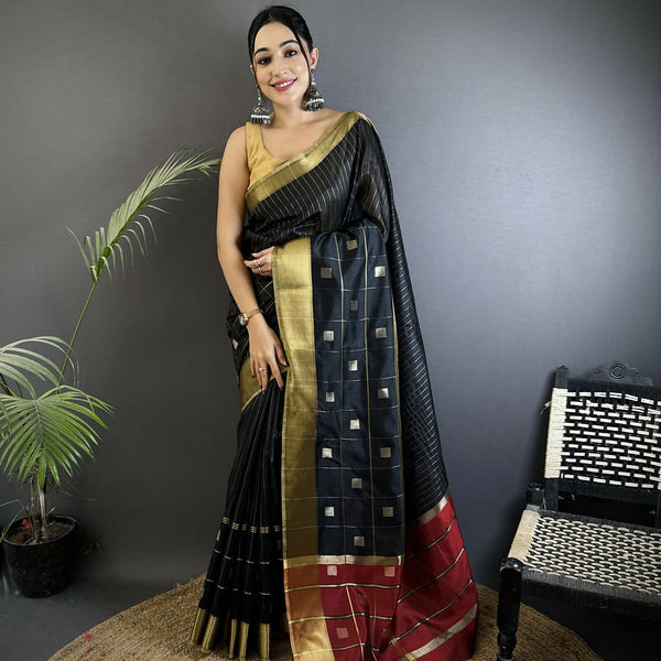 Joban Fashion Black Bhagalpuri Cotton Silk Stripes/Box Saree