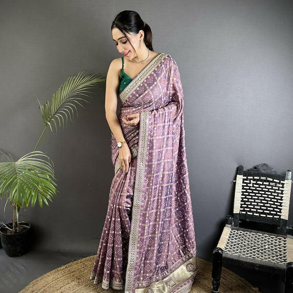 Joban Fashion Lavender Bandhej Bandhani Vichitra Silk Bandhani Prints Saree