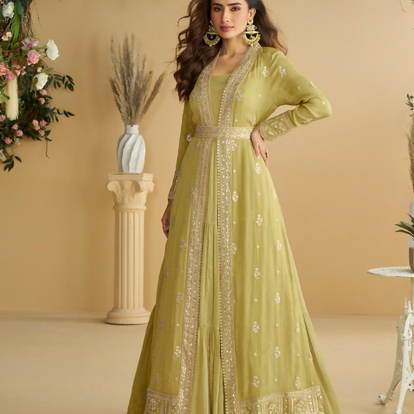 Anaita Mustard Chinon Silk Readymade Anarkali Shrug Gown with Belt & Embroidery Work - Distacart