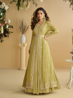 Thumbnail for Anaita Mustard Chinon Silk Readymade Anarkali Shrug Gown with Belt & Embroidery Work - Distacart