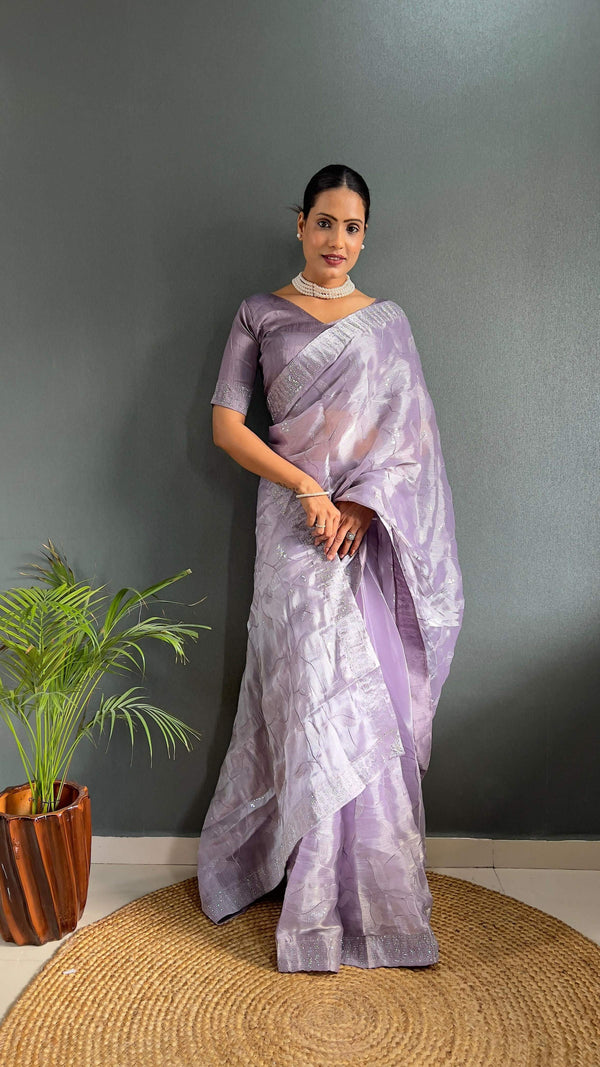 Preksha Creation Women Ready To Wear Saree Premium Burberry Silk Embellished With Beautiful Thread Work - Lavender - Distacart
