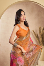 Thumbnail for Vastranavya Orange Digital Printed Linen Ready To Wear Designer Saree with Unstitched Blouse - Distacart