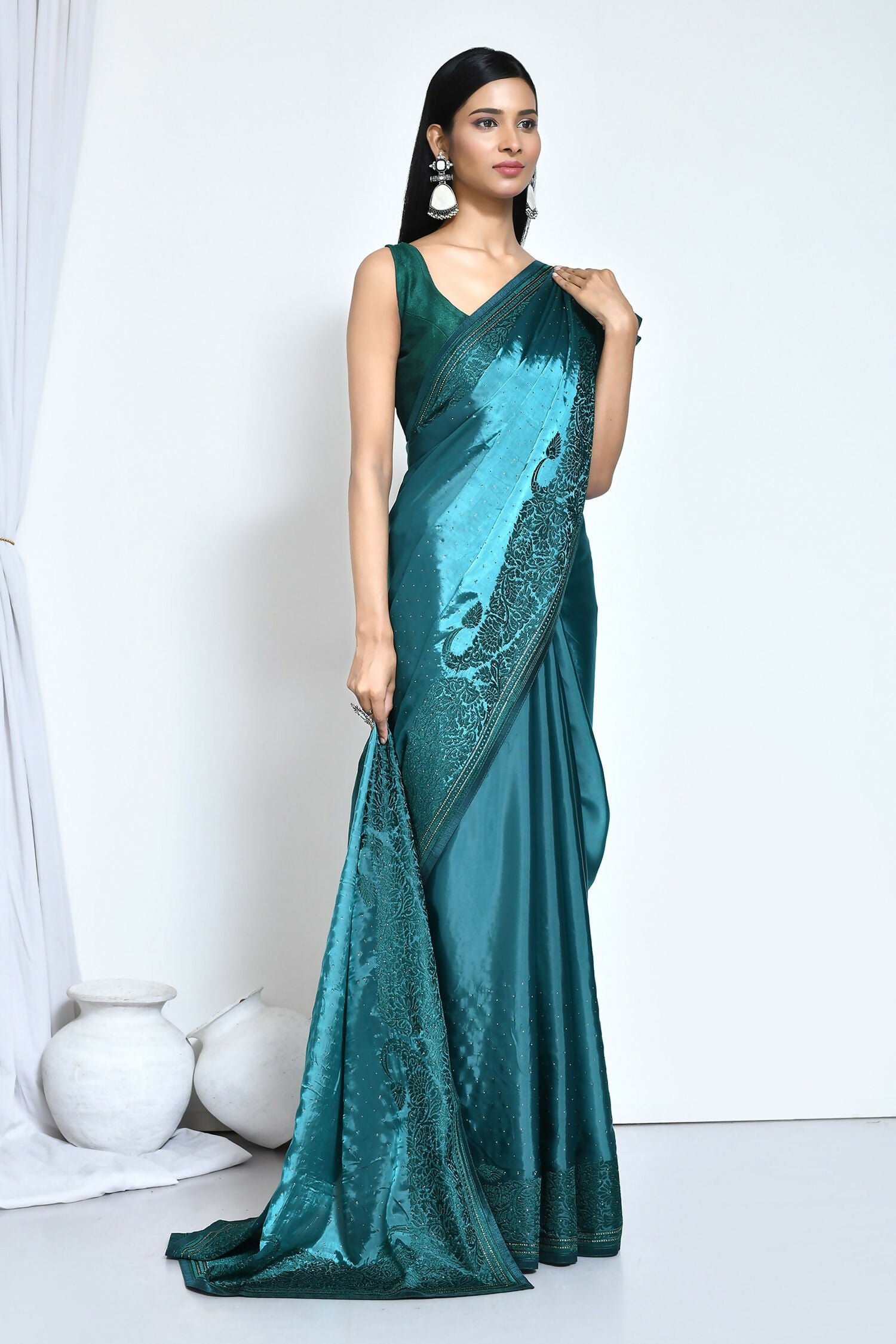 Light Blue Satin Silk Embroidered With Stone Work Festive Saree - Nimaya Denzy - Distacart