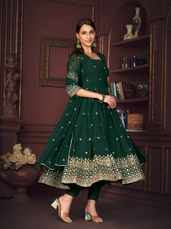 Jyoti Fashion Women's Golden & Bottle Green Georgette Embroidered Anarkali Kurta Pant Set With Dupatta - Distacart
