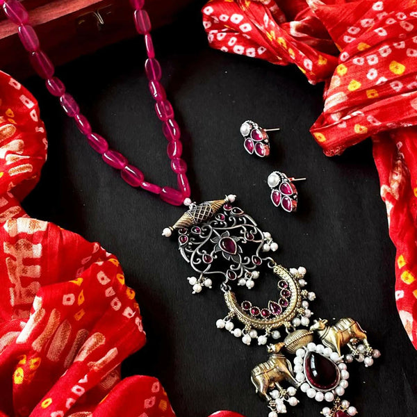Joban Fashion Pink Brass Dual Tone Beaded Pendant With Beaded Mala Necklace With Earring Set - Distacart