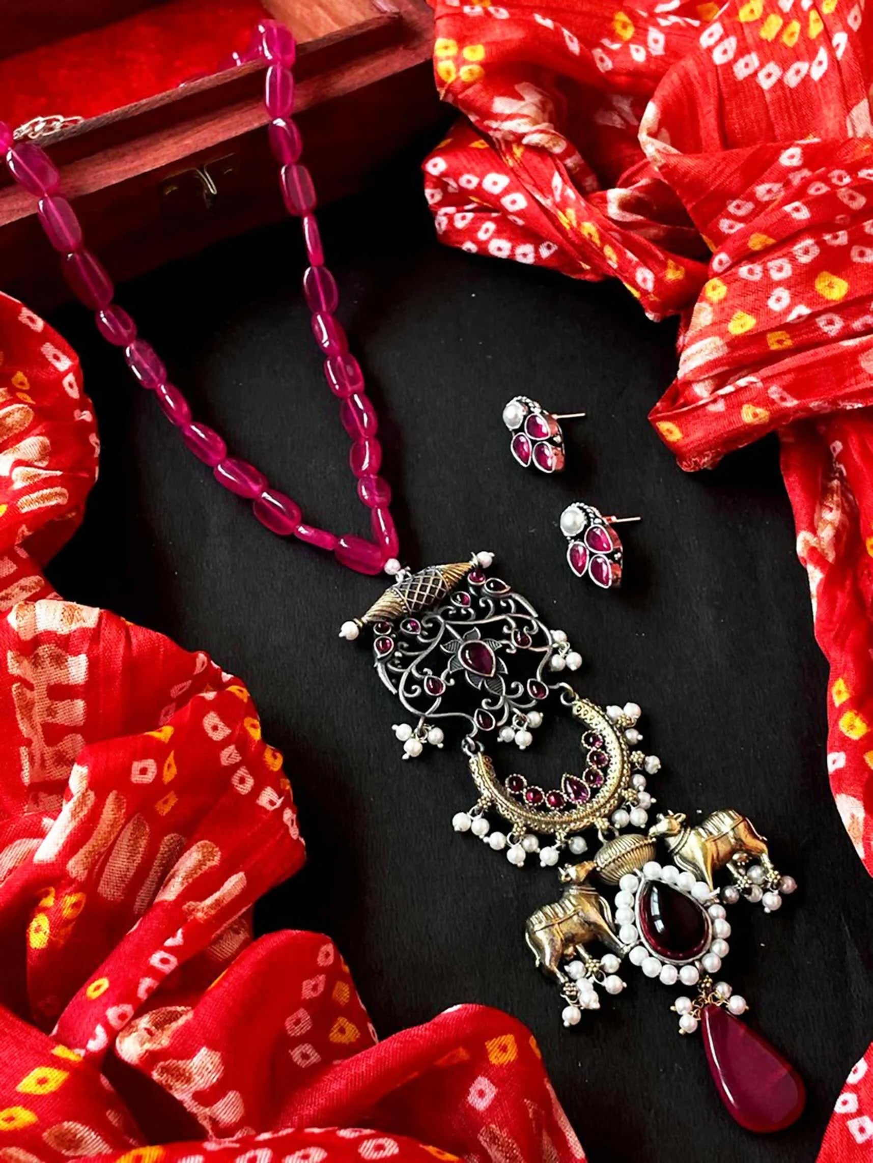 Joban Fashion Pink Brass Dual Tone Beaded Pendant With Beaded Mala Necklace With Earring Set - Distacart