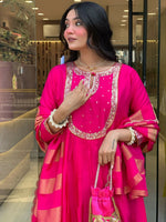 Thumbnail for The52 Rani Women's Gorgeous Embroidered Work Chanderi Fabric Flared Kurta Pant and Dupatta Set - Distacart