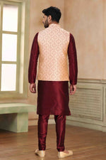 Thumbnail for Raivat Ethnic Jacquard Banarasi Silk Woven Work 3 Pics Jacket Set In Beige Maroon Colour - Distacart