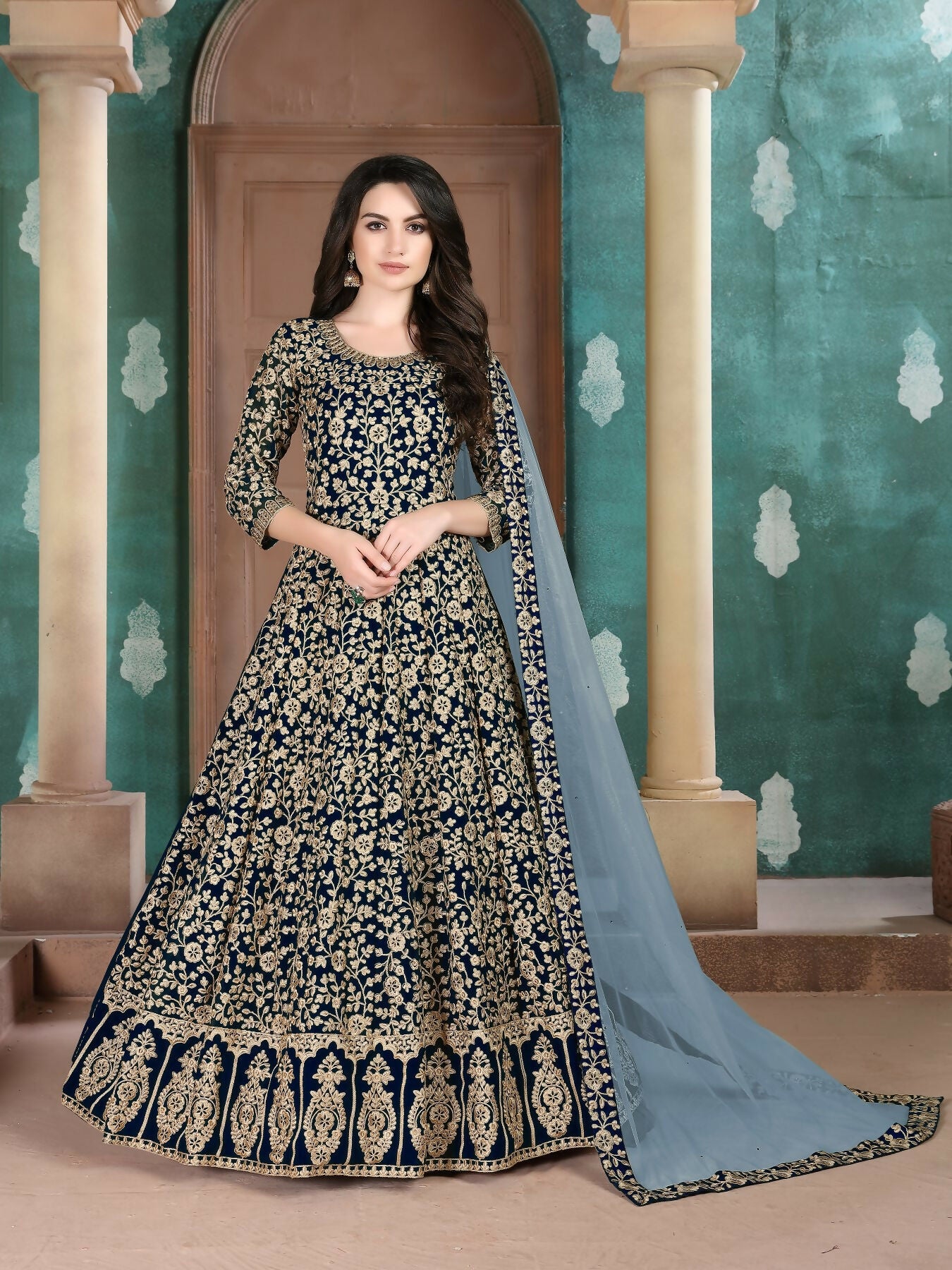 Anaita Navy Blue Embroidered Faux Georgette Anarkali Suit - Distacart