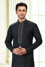 Thumbnail for Raivat Ethnic Jacquard Banarasi Silk Thread Work Kurta Pajama In Black Colour - Distacart