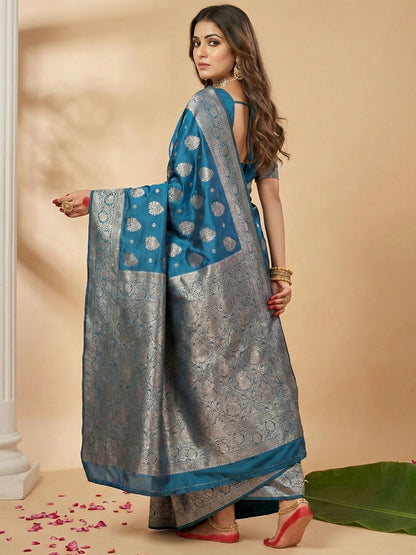 Shree Shyam Fashion Teal Blue Silk Blend Saree - Distacart