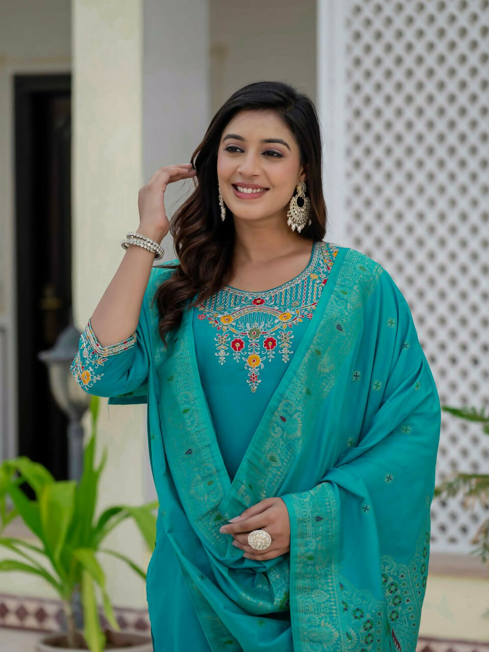 Preksha Creation Wedding Special Premium Roman Silk Coding Embroidery With Sequins Work Kurti Dupatta With Pant