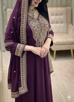 Thumbnail for Teeya Creation Wine Color Faux Georgette Embroidery Work Long Party Wear Gown - Distacart