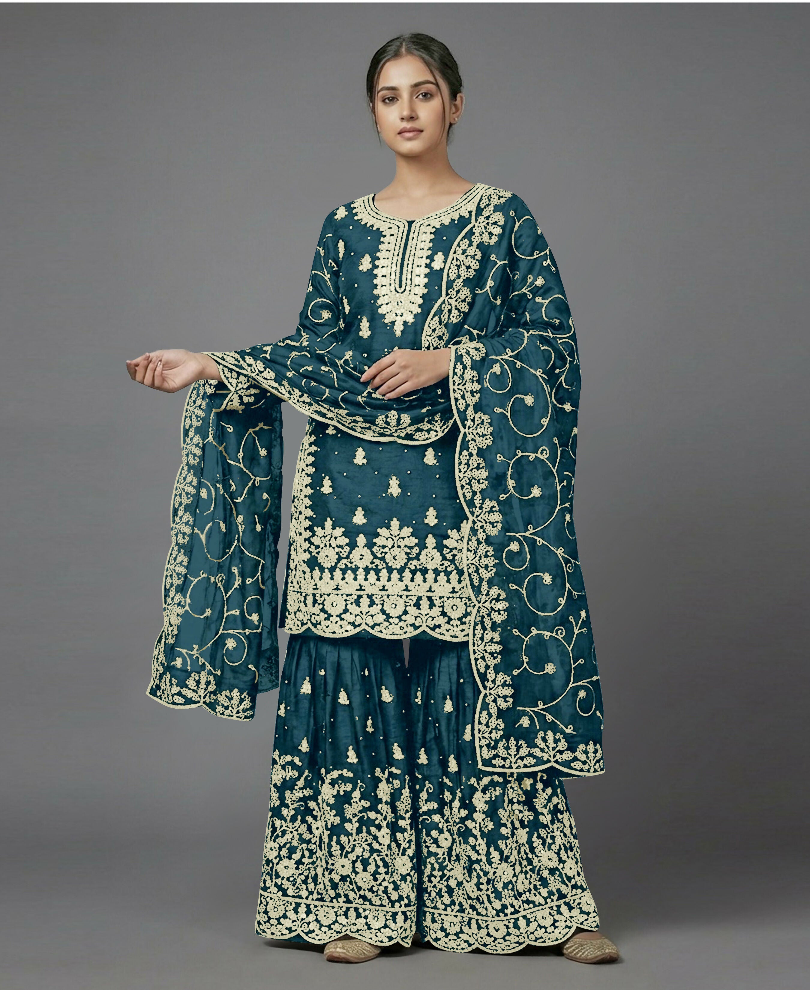 Teeya Creation Womens New Trendy Pure Gmy Silk With Heavy Embroidery Sequence Work Teal Kurta Set - Dista