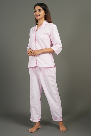 Breathables Women Cotton Night Suit Shirt And Pants Co-Ord Set Pink I Nightwear | Loungewear Set - Dista