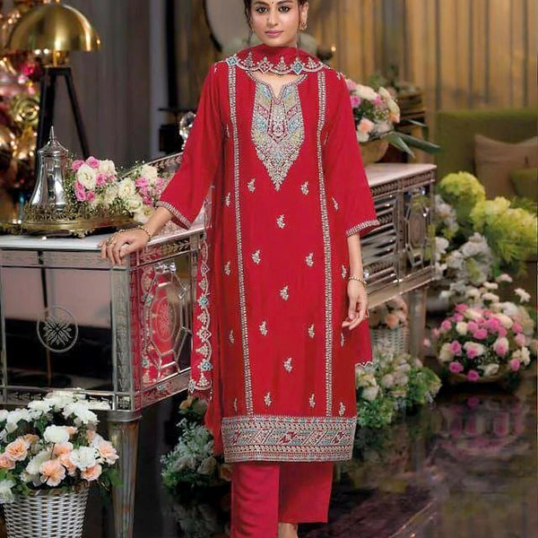 Anaita Red Heavy Chinon Readymade Suit with Embroidery & Sequence Work