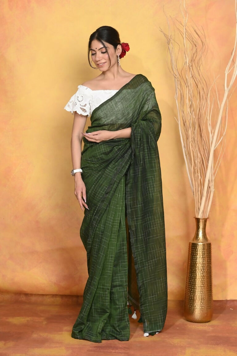 Very Much Indian Mul Cotton Khadi Design Handloom Woven Saree - Green - Distacart