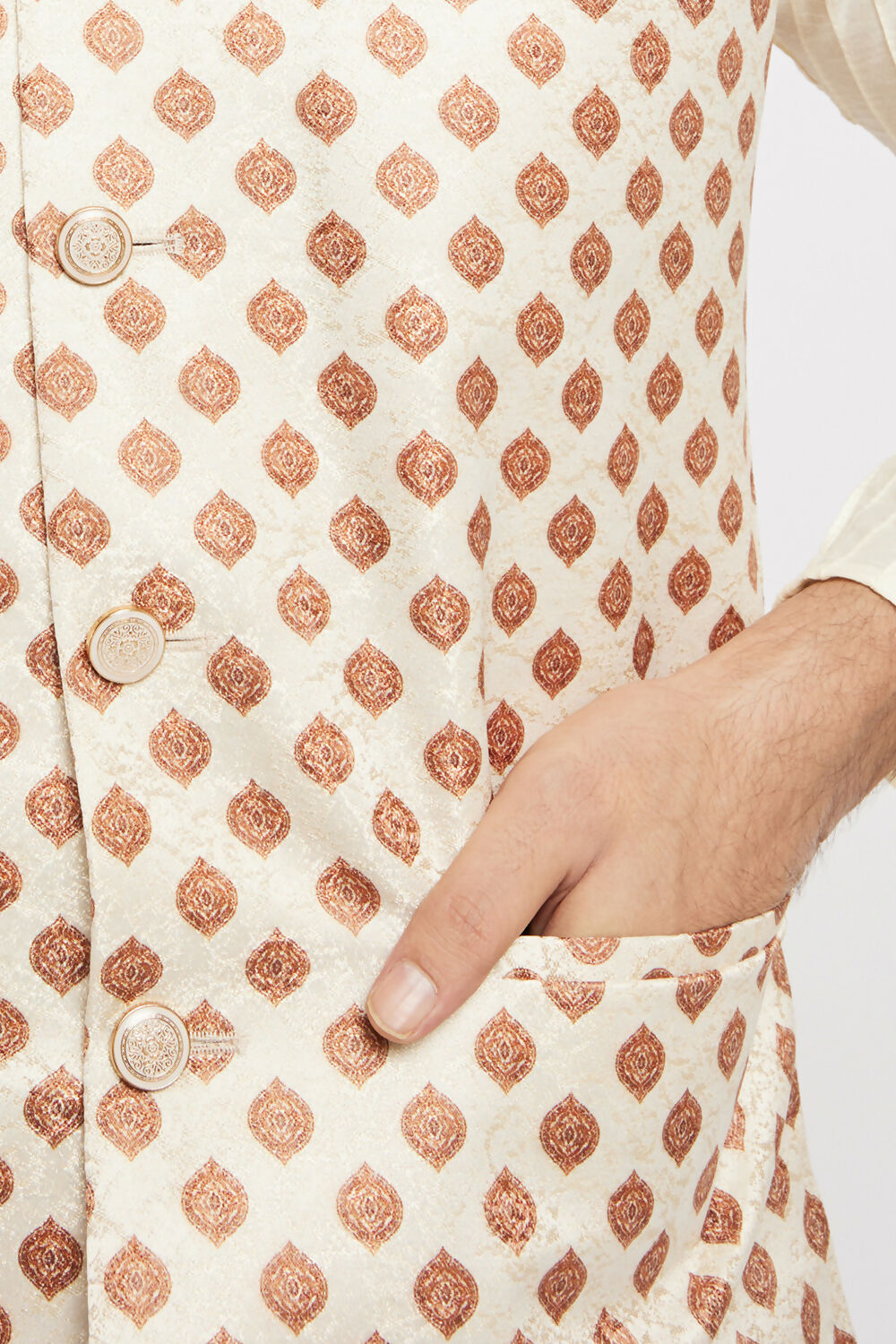 Ethnic India Cream Bundi Men's Jacket Geometric Polyester - Distacart