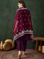 Thumbnail for Sangria Purple Floral Embroidered Thread Work Pure Cotton Kurta & Trouser With Dupatta