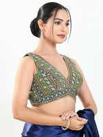 Thumbnail for Joban Fashion Green Multi Georgette Padded Blouse With V Neck Sleeveless - Distacart