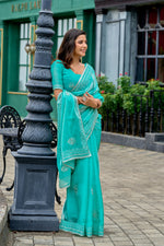 Thumbnail for Vastranavya Turquoise Embroidery Work Shimmer Chiffon Saree with Unstitched Blouse