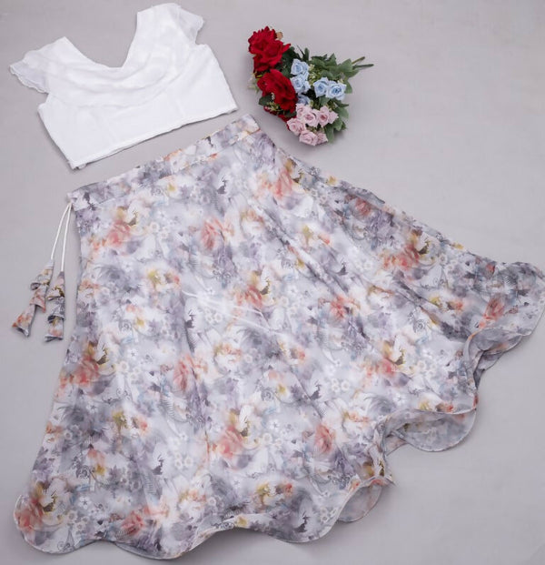 Preksha Creation Indian Festive Georgette Digital Print Women Lehenga Choli And Crop Top - White - Distacart