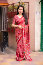 Thumbnail for Red Silk Blend Ethnic Motifs Saree with Unstitched Blouse - Hiral Fashion - Distacart