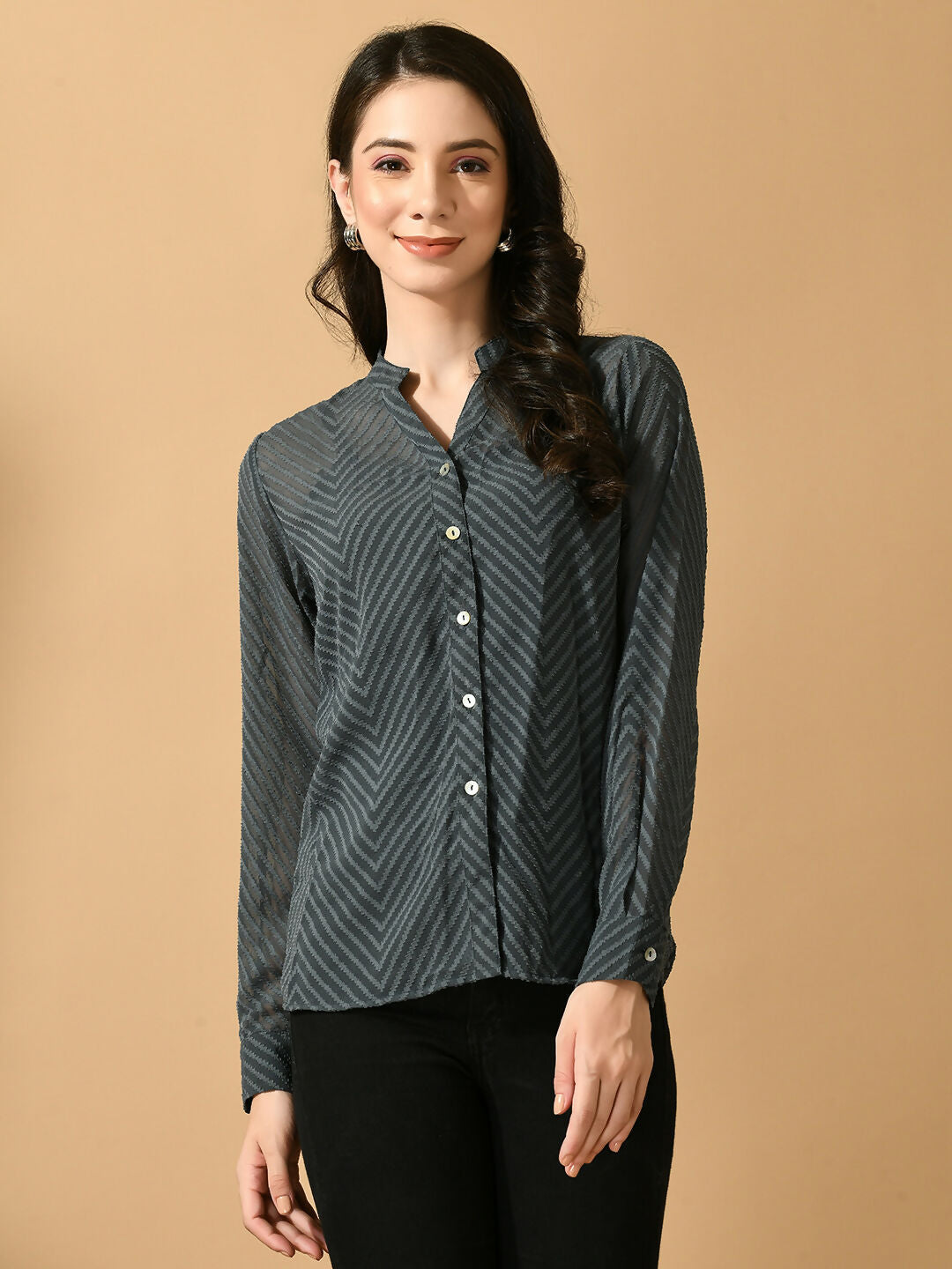 Myshka Women's Grey Georgette Solid Sheer Shirt - Distacart