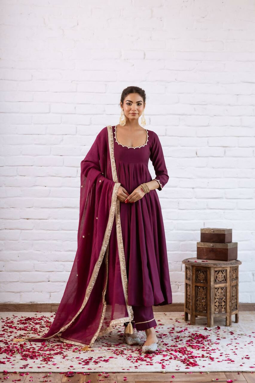 Teeya Creation Wine Solid Silk Blend Anarkali Suit With Pants And Dupatta - Dista