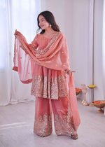 Thumbnail for Teeya Creation Peach Color Fendy Satin Silk Embroidery Work Party Wear Salwar Suit - Distacart
