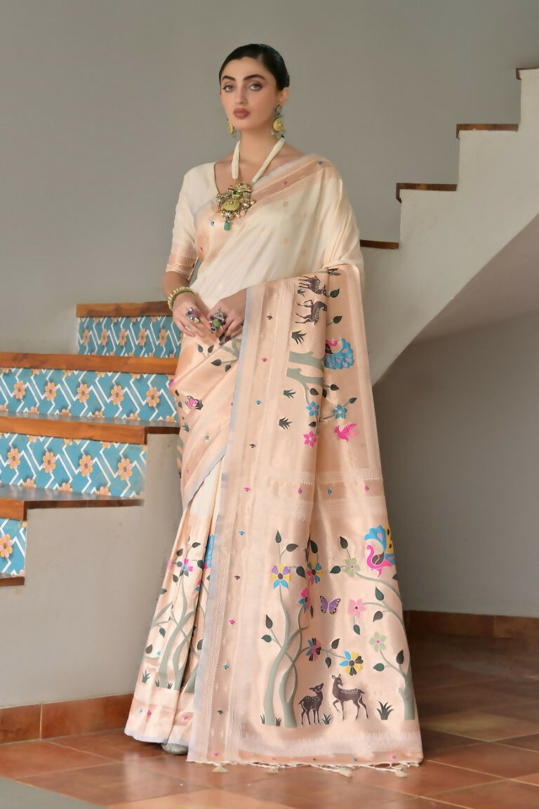 Vishnu Weaves Women's Cream Paithani Silk Zari Woven Saree with Blouse