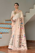 Thumbnail for Vishnu Weaves Women's Cream Paithani Silk Zari Woven Saree with Blouse
