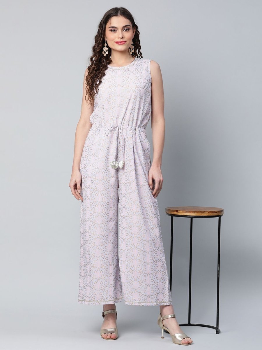 Ahalyaa Womens Blue Crepe Gold Printed Jumpsuit