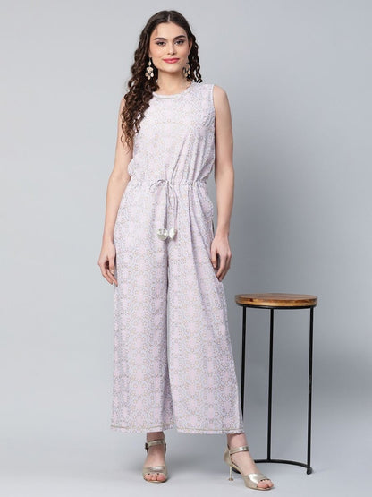 Ahalyaa Womens Blue Crepe Gold Printed Jumpsuit