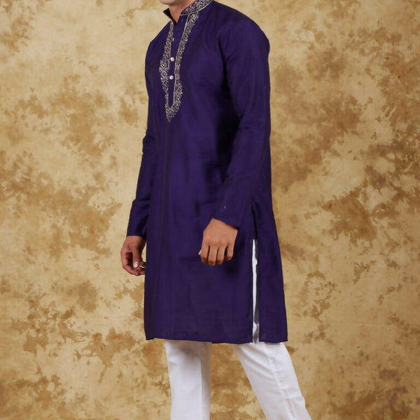 Bluesaanchi Men's Handloom Embroidered Space Blue Kurta Set - Distacart