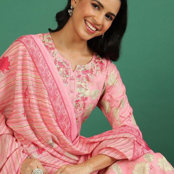 Sangria Floral Printed & Embroidered Kurta & Trouser With Dupatta - Distacart