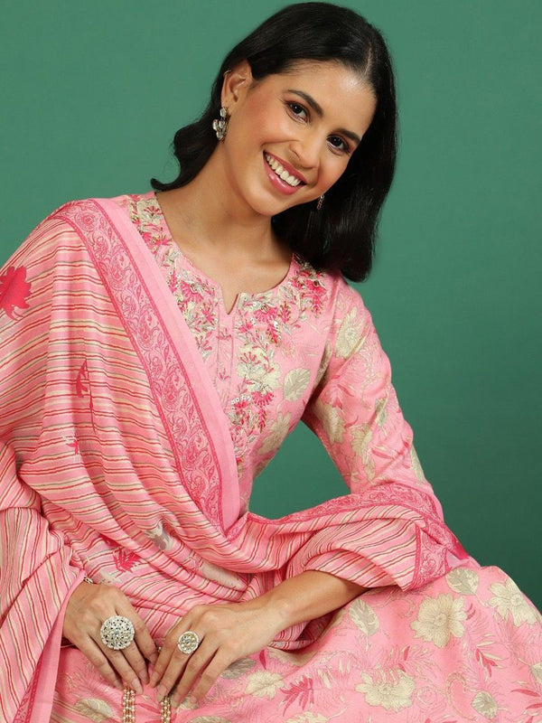 Sangria Floral Printed & Embroidered Kurta & Trouser With Dupatta