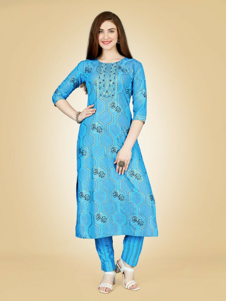 Jyoti Fashion Women's Sky Blue Viscose Rayon Embroidered Kurta Pant Set - Distacart