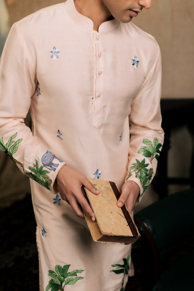 Falling Raw Silk Peach Gajavana Kurta Set By Hilo Design - Distacart