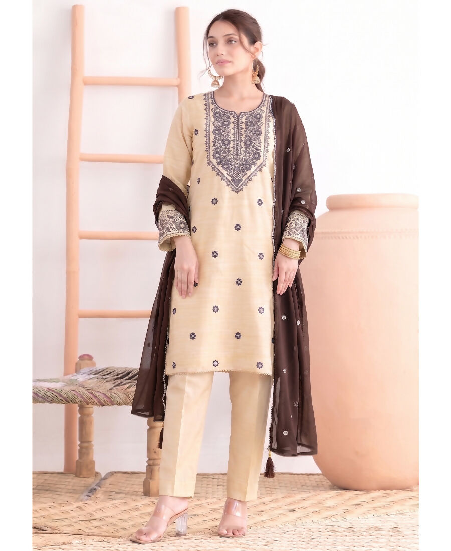 KC Khadi Cotton White Suit With Brown Dupatta 3 Piece Pair For Women - Dista