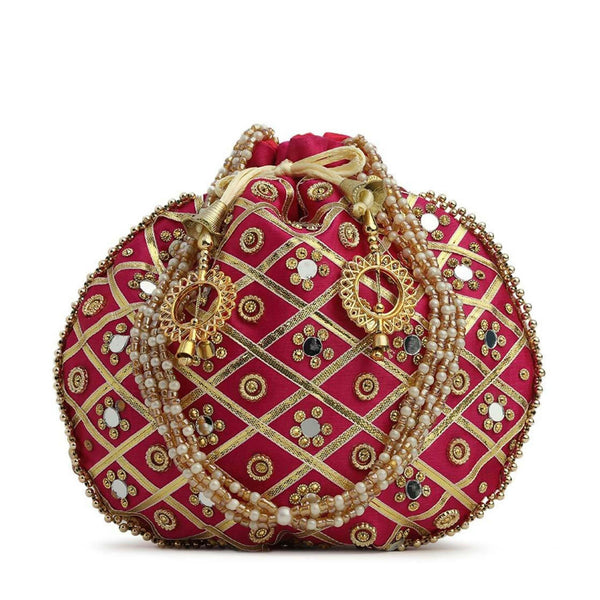 Joban Fashion Embroidered Potli Clutch - Pink