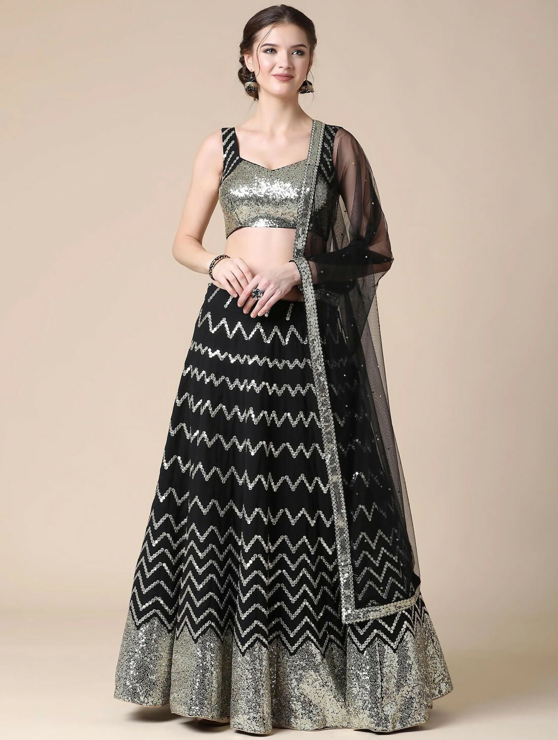 Jyoti Fashion Black Sequence with Thread Zari Embroidery Georgette Lehenga Choli with Dupatta - Distacart
