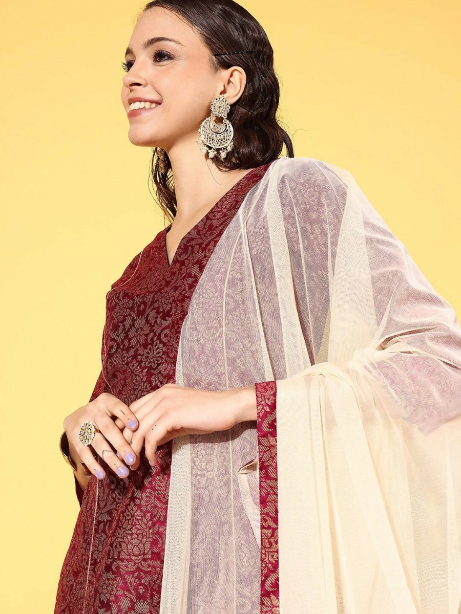 Ahalyaa Women's Wine Colour Poly Silk Gold Paste Printed Kurta Pant Set - Distacart