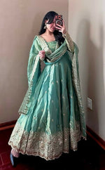 Thumbnail for Teeya Creation Teal Fendy Silk Designer Heavy Work Wedding Wear Long Gown - Distacart