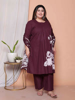 Thumbnail for Miravan Womens Plus Size Wine Floral Kurta With Palazzo And Dupatta Set - Distacart