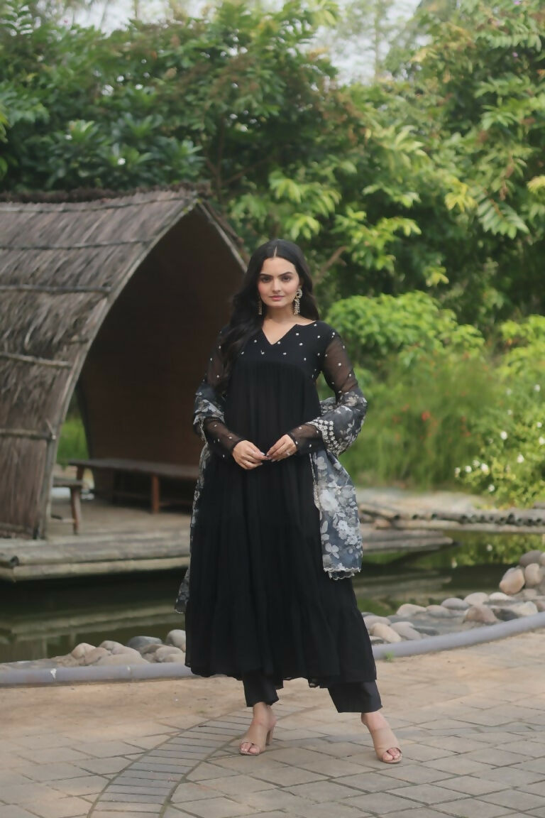 Jyoti Fashion Women's Black Faux Blooming Butti Work Kurta with Trouser & Dupatta - Distacart