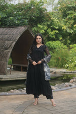 Thumbnail for Jyoti Fashion Women's Black Faux Blooming Butti Work Kurta with Trouser & Dupatta - Distacart