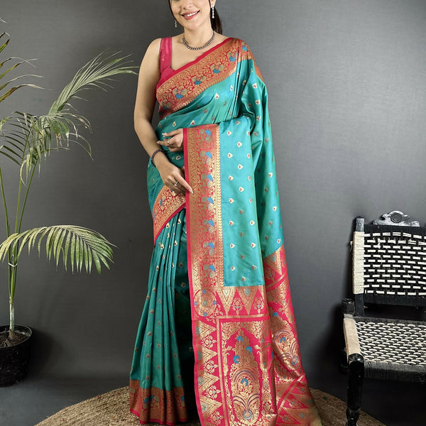 Joban Fashion Teal Blue Intricate Motifs Soft Silk Banarasi Saree - Dista