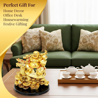 GJ Golden Laughing Buddha with Dragon & Coins Statue - Dista
